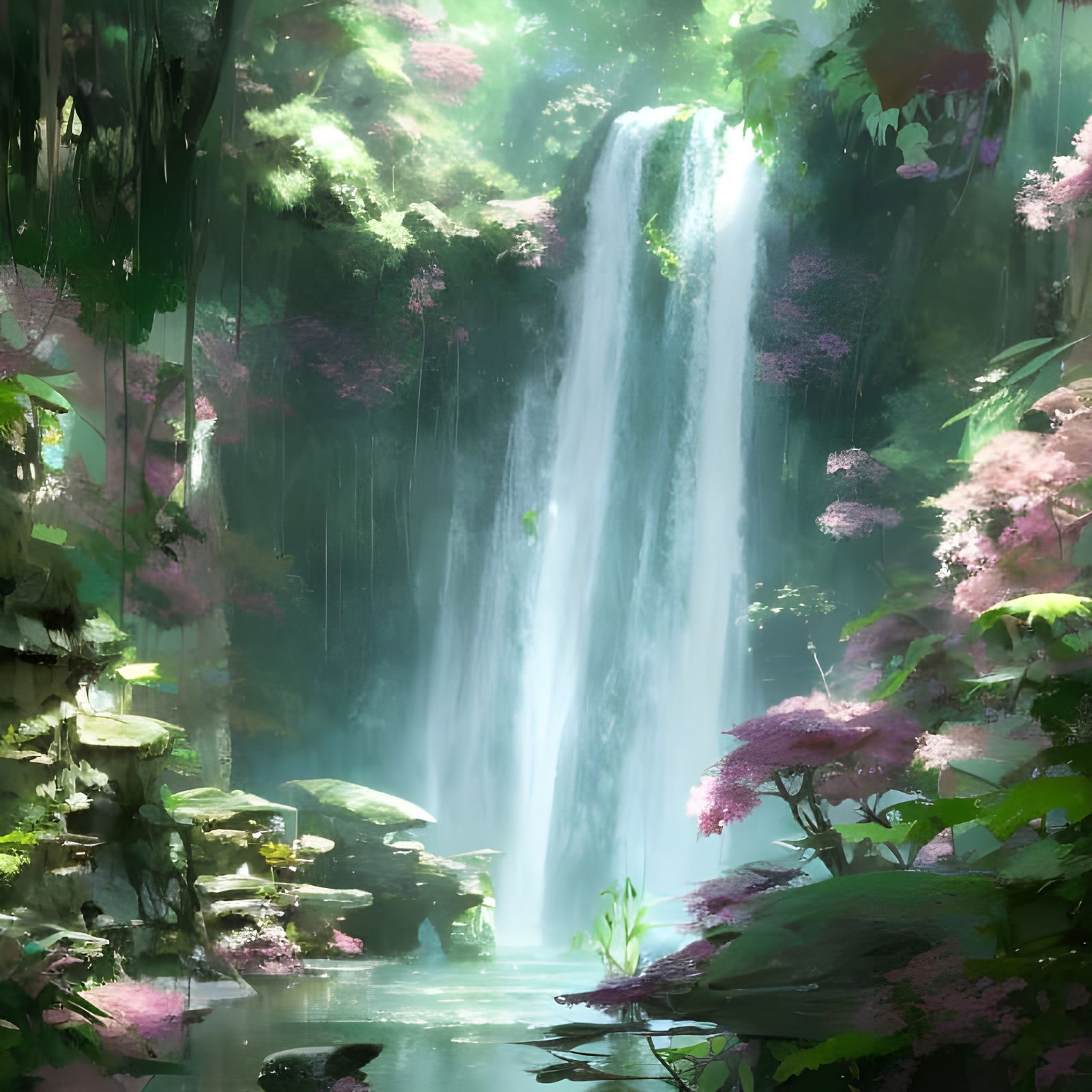 Lush Forest Waterfall in Anime Art Style