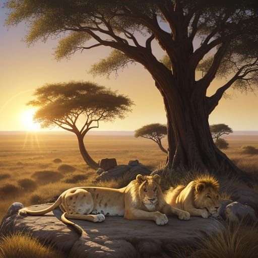 Majestic Lion Resting in Golden Hour Savanna Light
