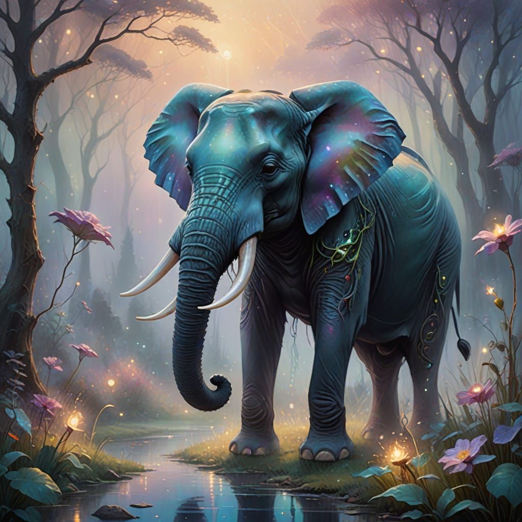 Whimsical Elephant in Dreamlike Landscape
