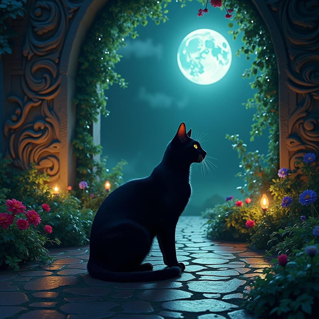Black Cat in Moonlit Garden, Fantasy Matte Painting