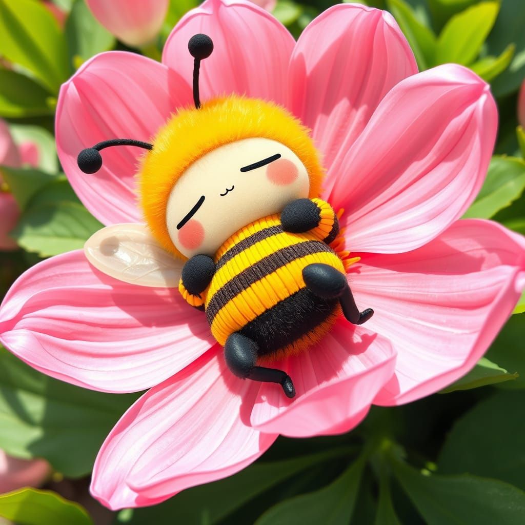 Kawaii Bumblebee Snoozing on Flower, Pop Art Style