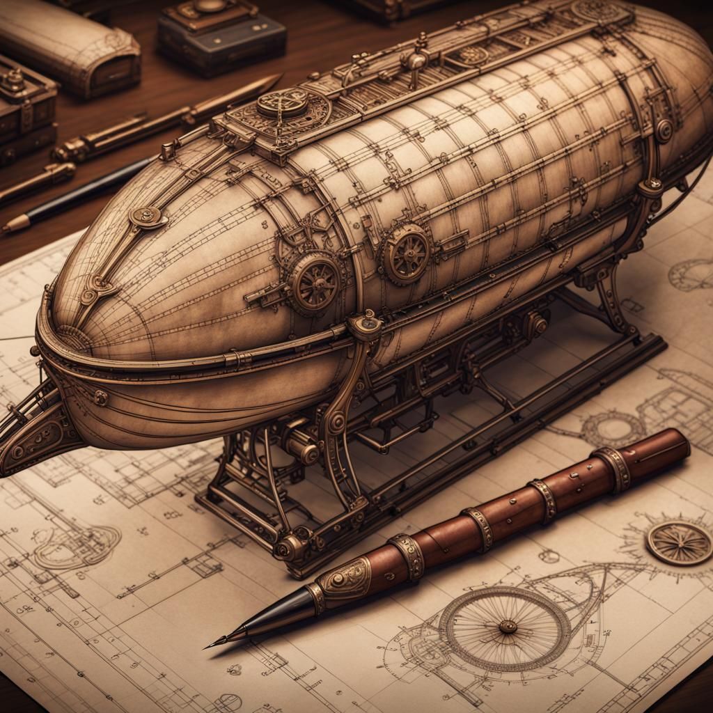 Neo-Victorian Airship Blueprint: Detailed Matte Painting