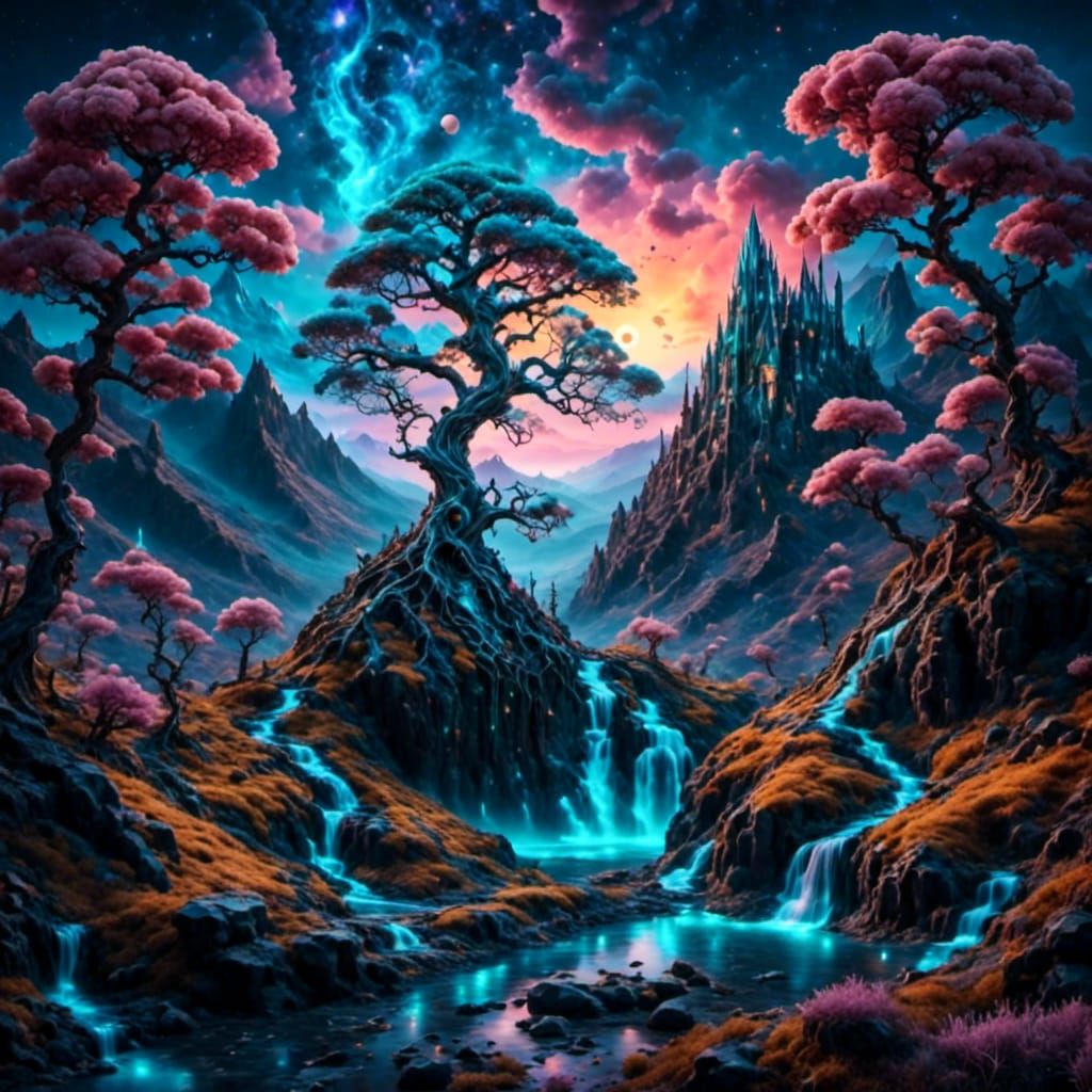 Filigree Tree at Twilight in Surreal Landscape