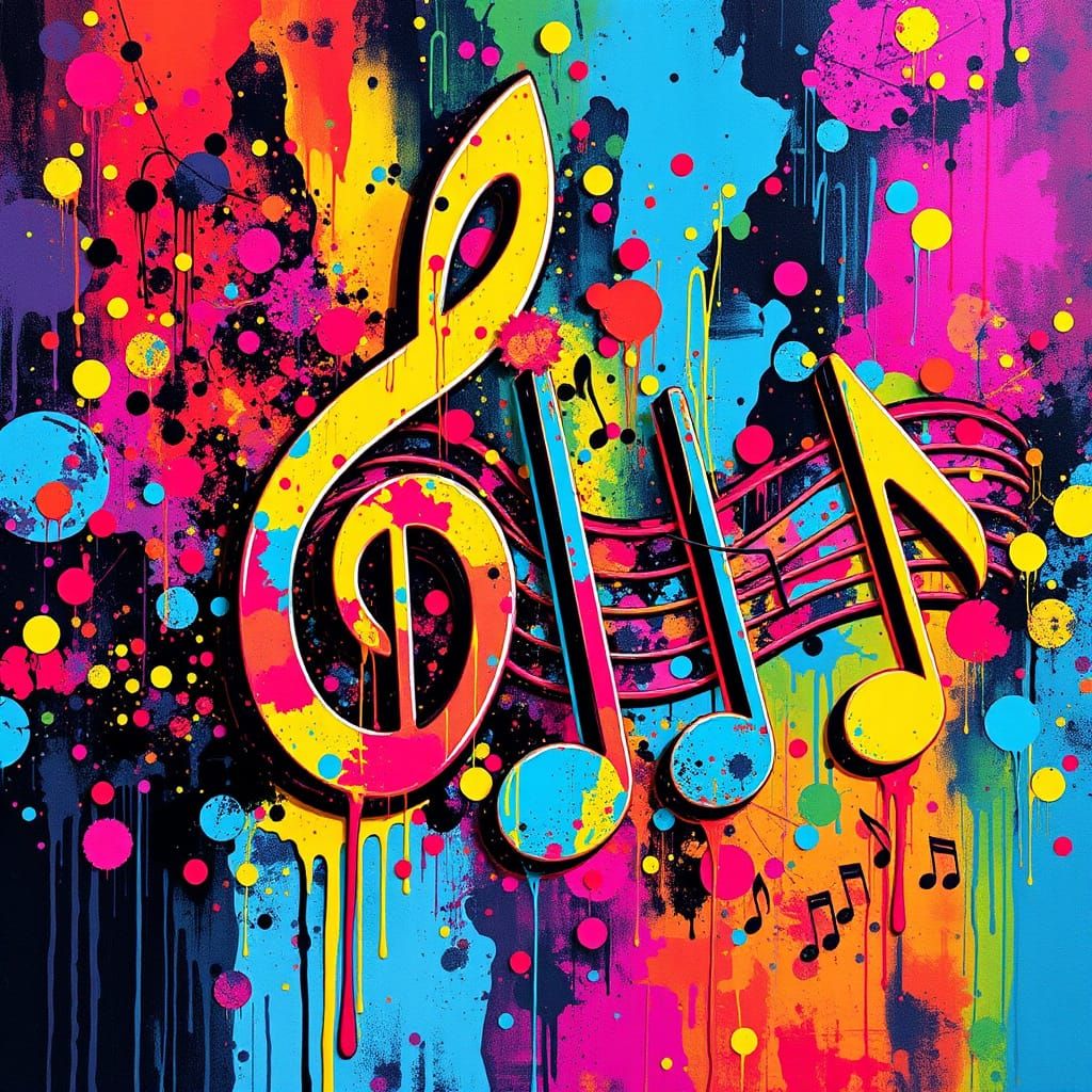 Vibrant Music Notes in Kaleidoscopic Graffiti Chaos