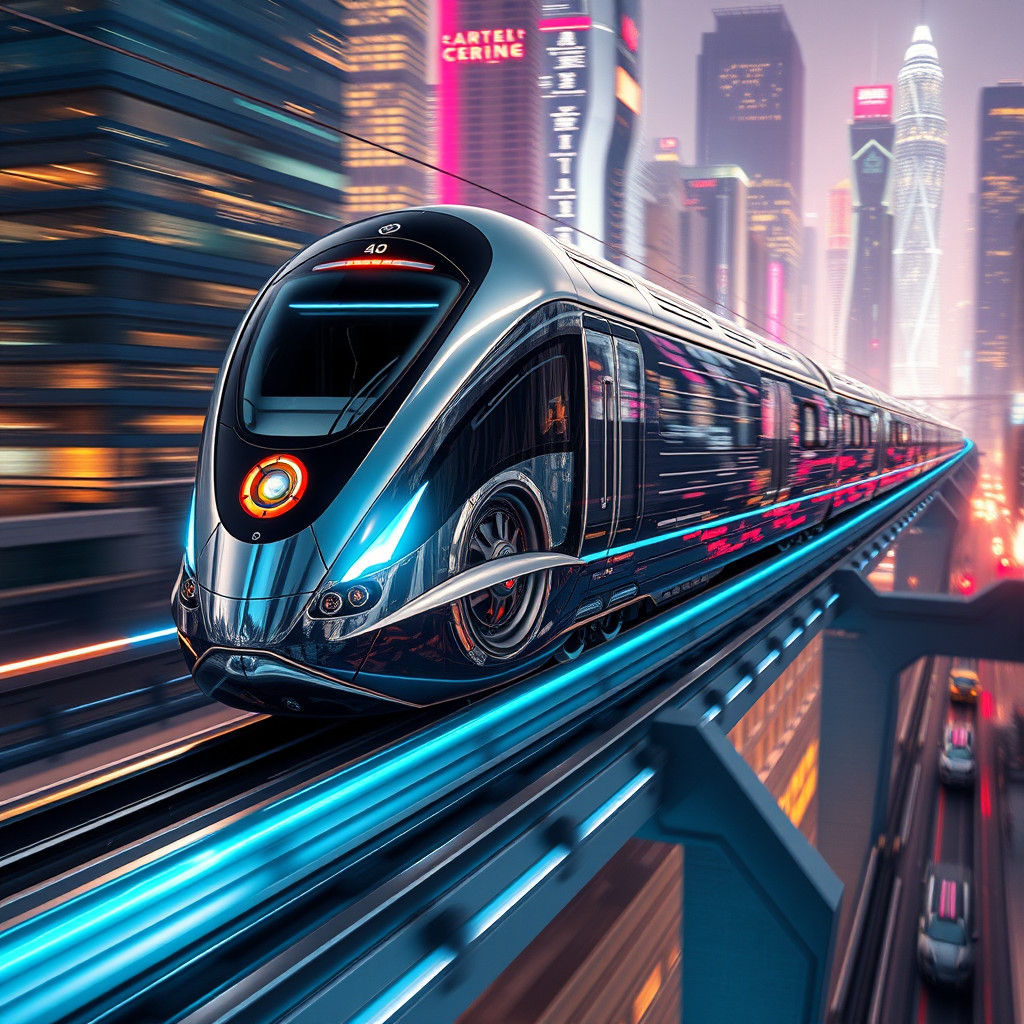 Sleek Chrome Monorail Speeds Through Future City