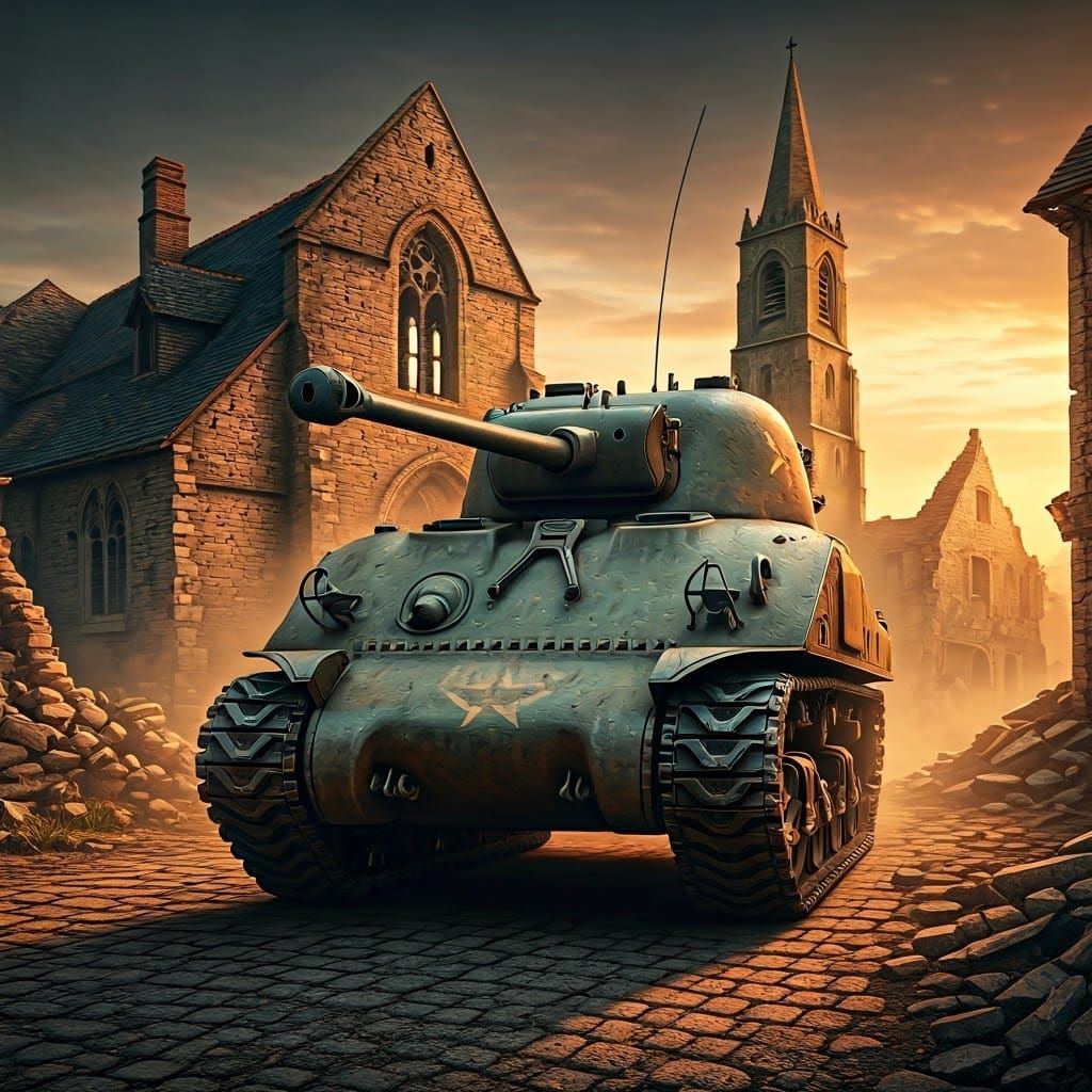 M4 Sherman Tank in War-Torn French Village