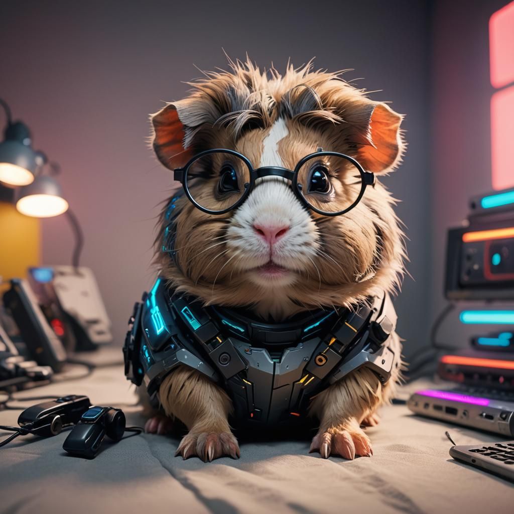 Cute Cyberpunk Guinea Pig in Neon Bedroom