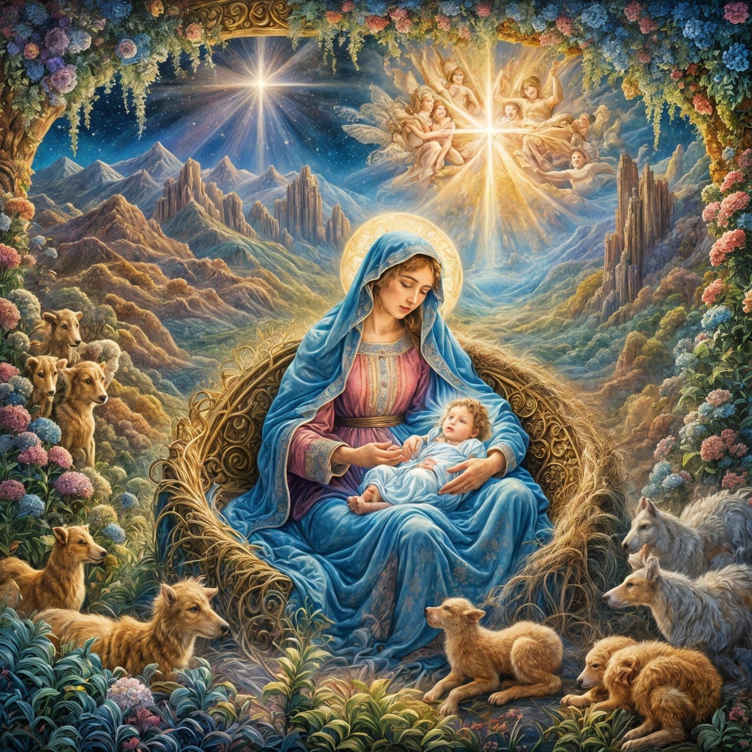 Moonlit Nativity Scene in Whimsical Fantasy Style