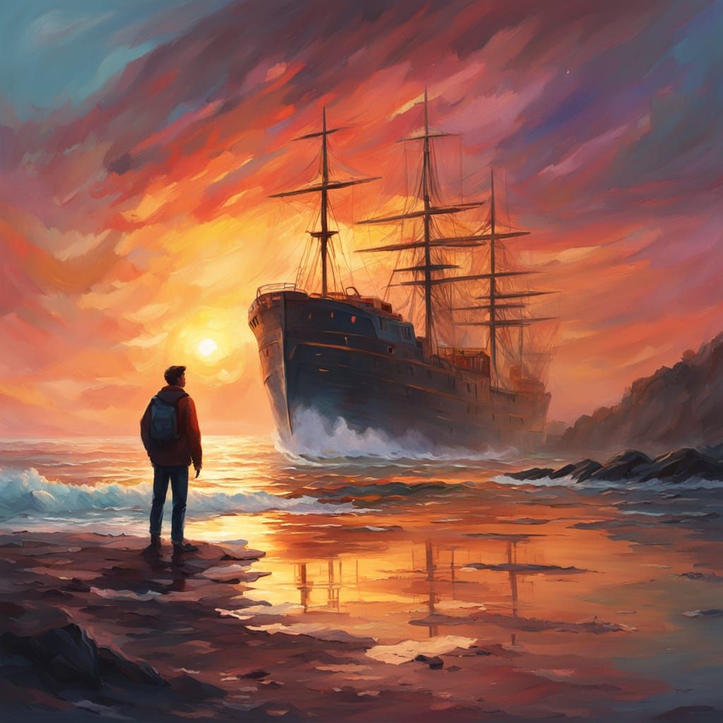 Person on Shore in Golden Light: Oil Painting