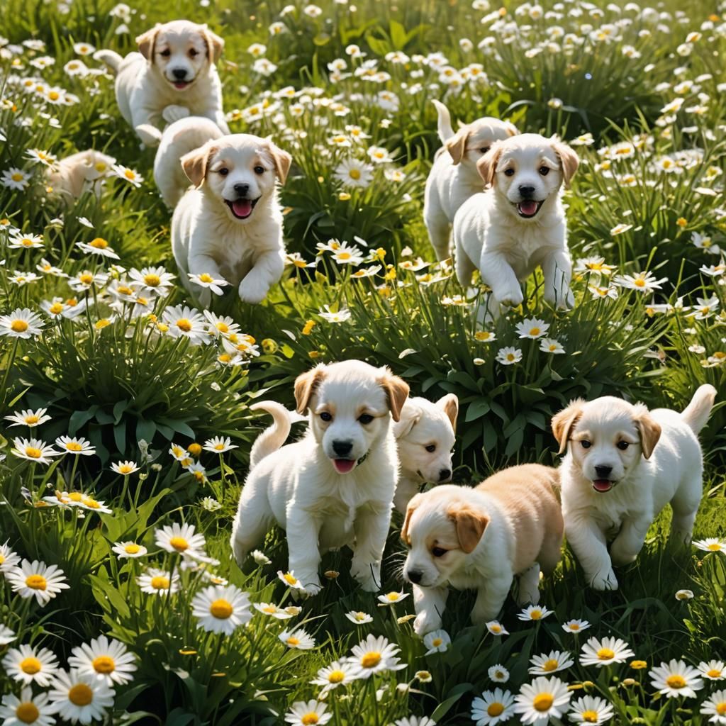 Puppies Running Through Daisy Field in Sunshine
