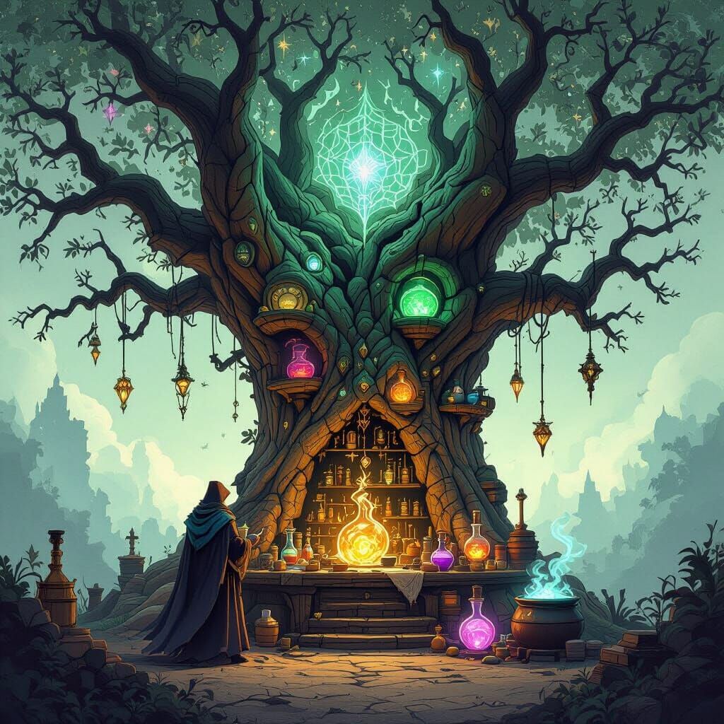 Ancient Tree Sorcerer's Lab with Glowing Potions