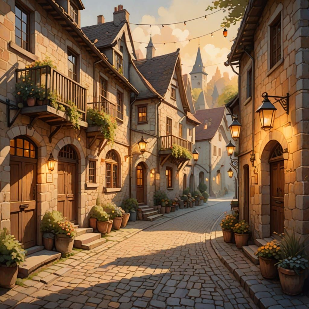 Charming Medieval Village Street at Golden Hour
