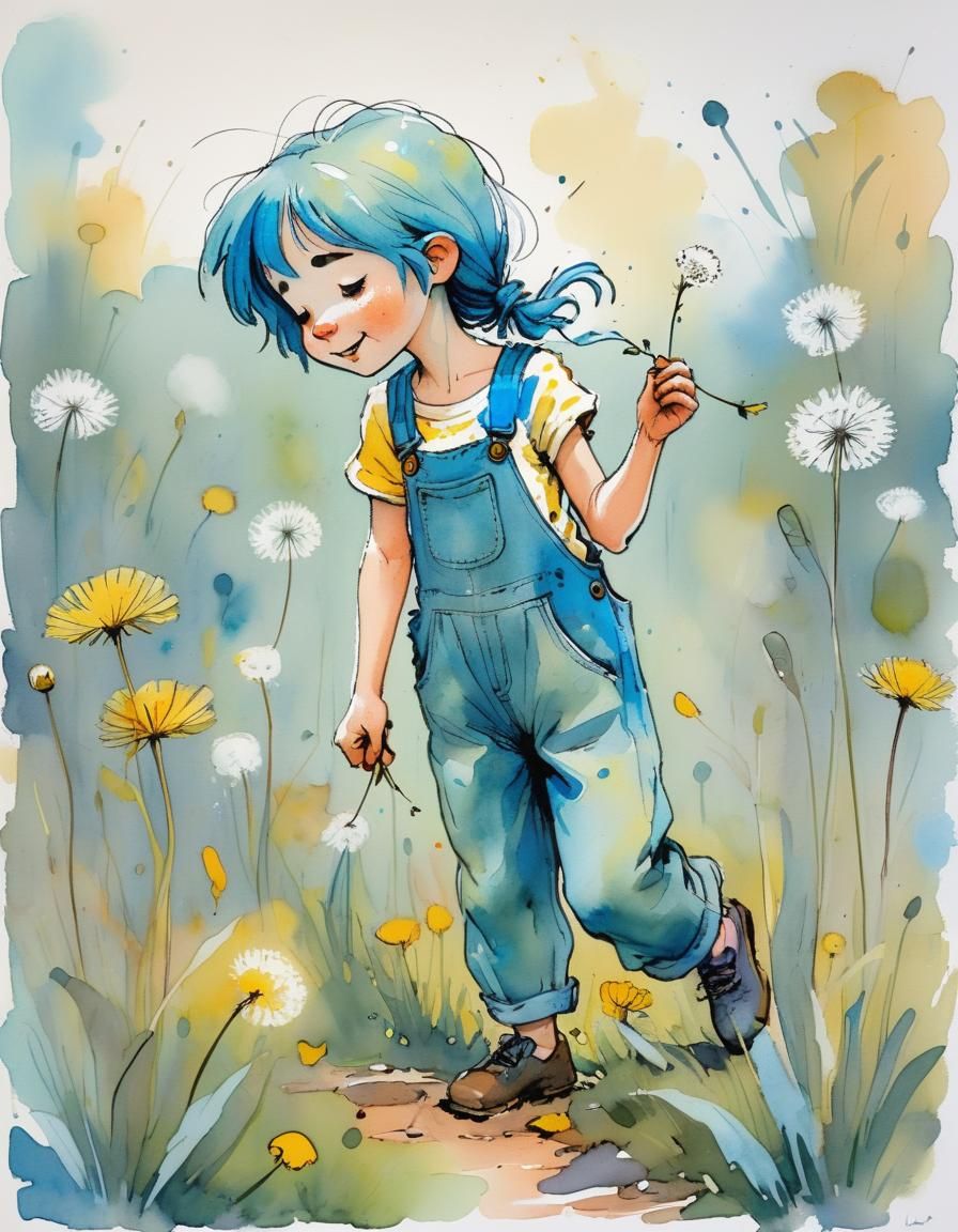 Blue-Haired Girl Picking Dandelions: Storybook Illustration