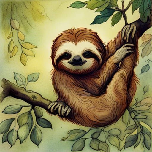 Cute Sloth in Aquarelle Style of Arthur Rackham