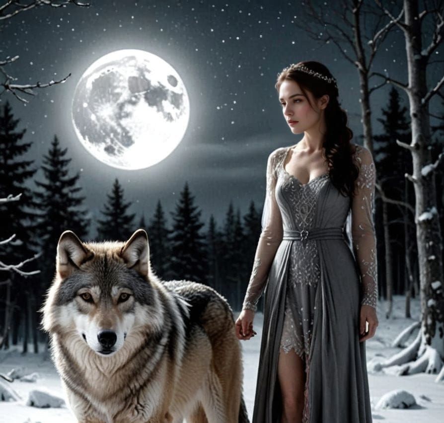 Moonlit Portrait of Woman and Wolf in Silver Light