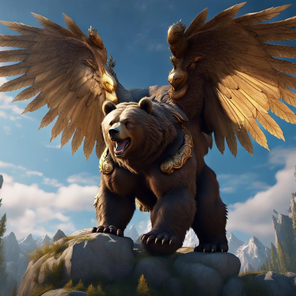 Winged Bear with Mighty Wingspan, Detailed Digital Art