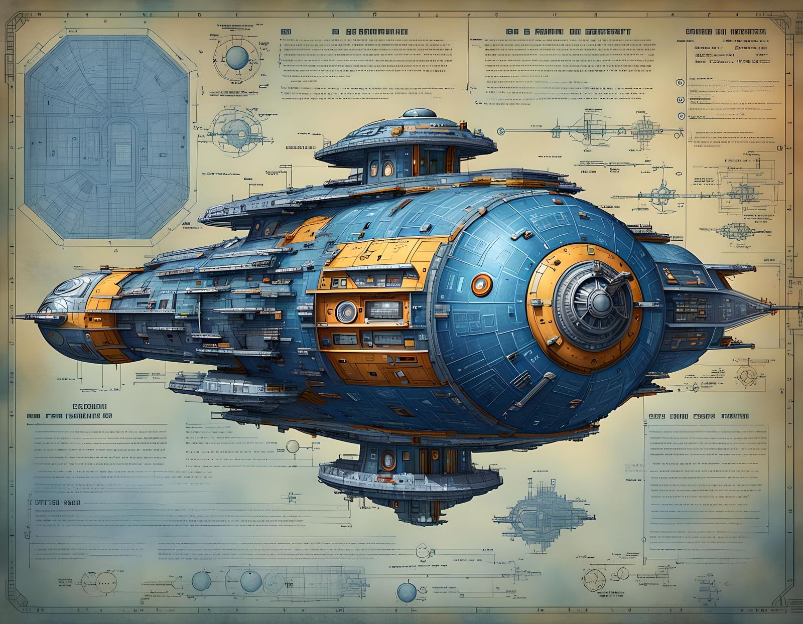 Colorful Sci-Fi Spaceship Blueprint in D&D Style