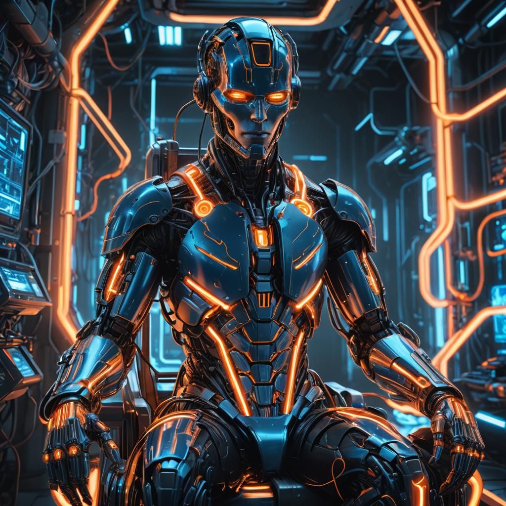 Android on Metallic Throne in Neon Lit Lab