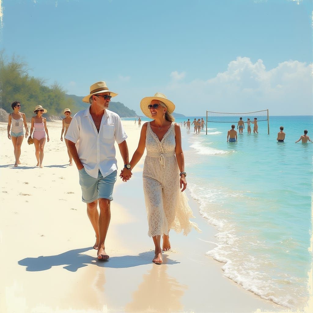 Senior Couple on White Sand Beach in Impressionist Style