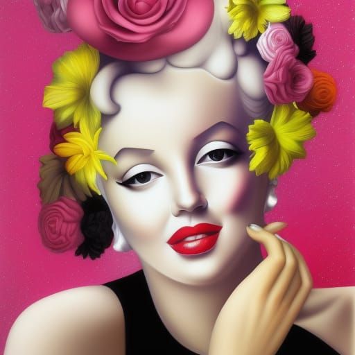 Hyperrealistic Portrait of Marilyn Monroe with Floral Hat