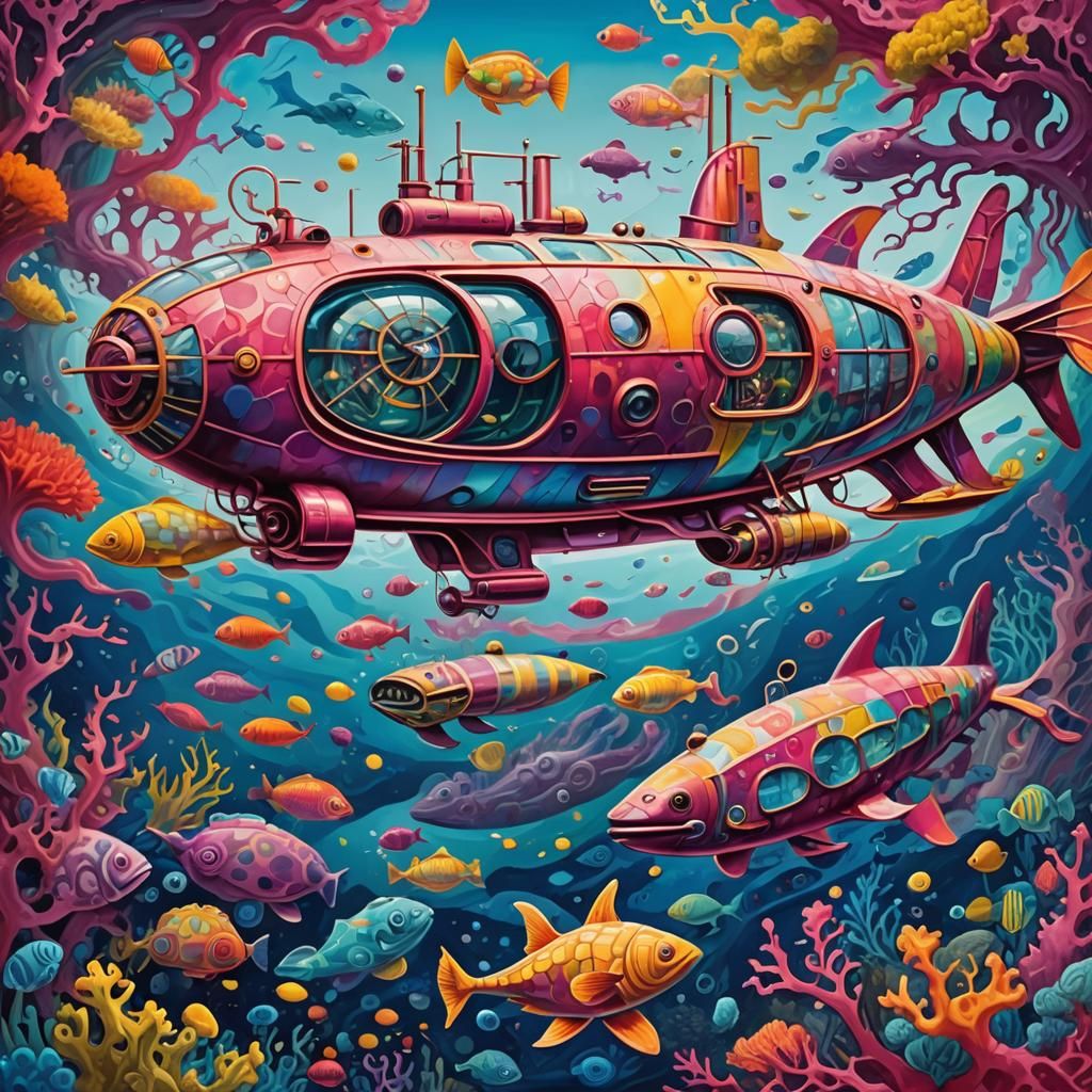 Psychedelic Submarine in a Dreamlike Coral Reef