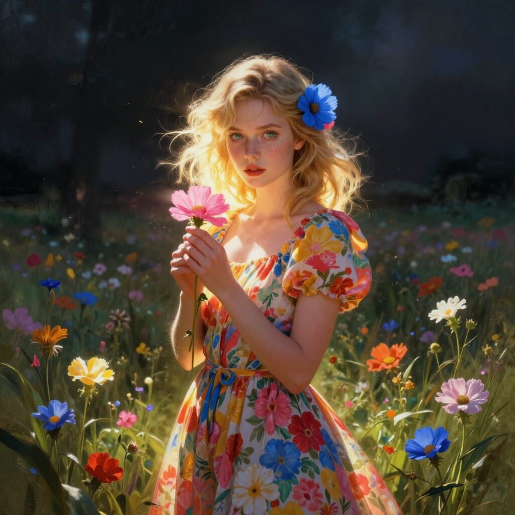 Fantasy Woman Battles Light and Dark in Flower Field