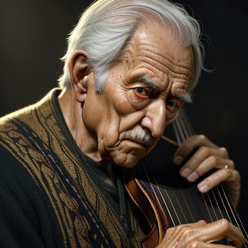 Hyperrealistic Photo of Elderly Musician in Golden Light