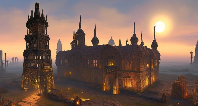 Crumbling Clock Tower at Sunset: Dystopian Concept Art