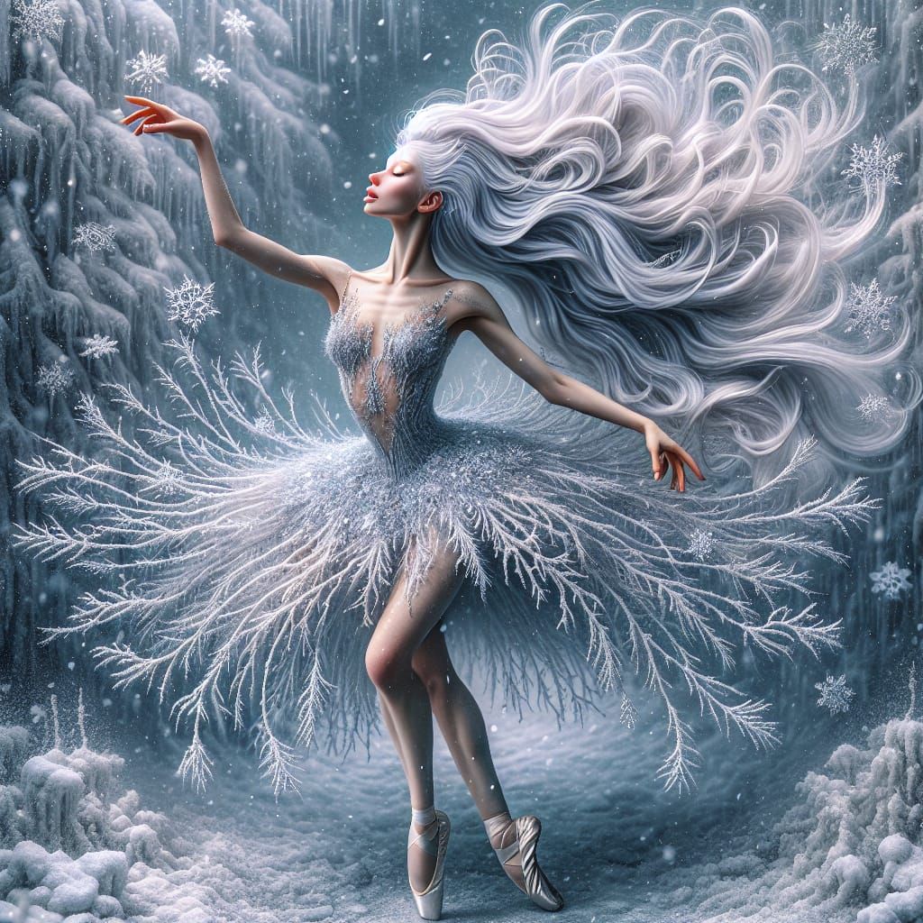 Snowflake Dancer in Winter Forest, Digital Matte Painting