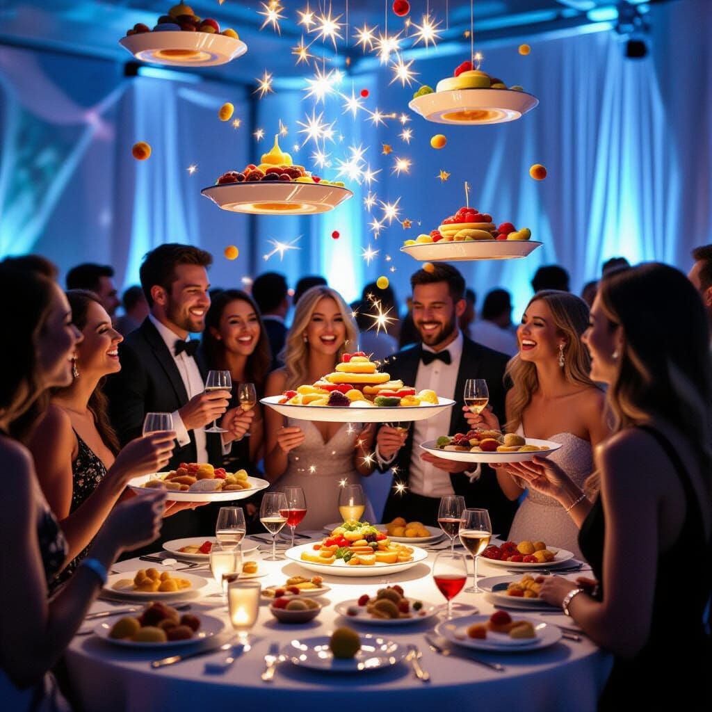 Magical Floating Food Platters at a Party