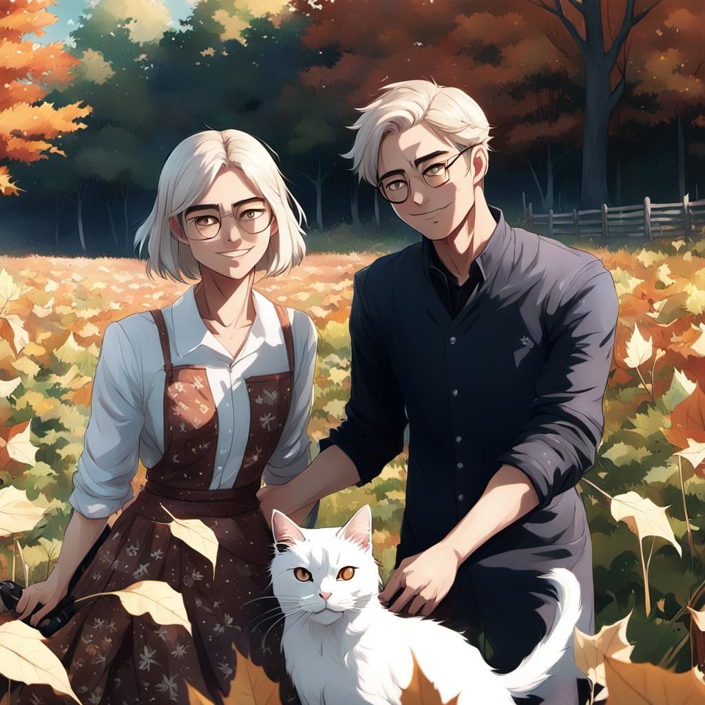 Anime Style: Couple Raking Leaves on Farm