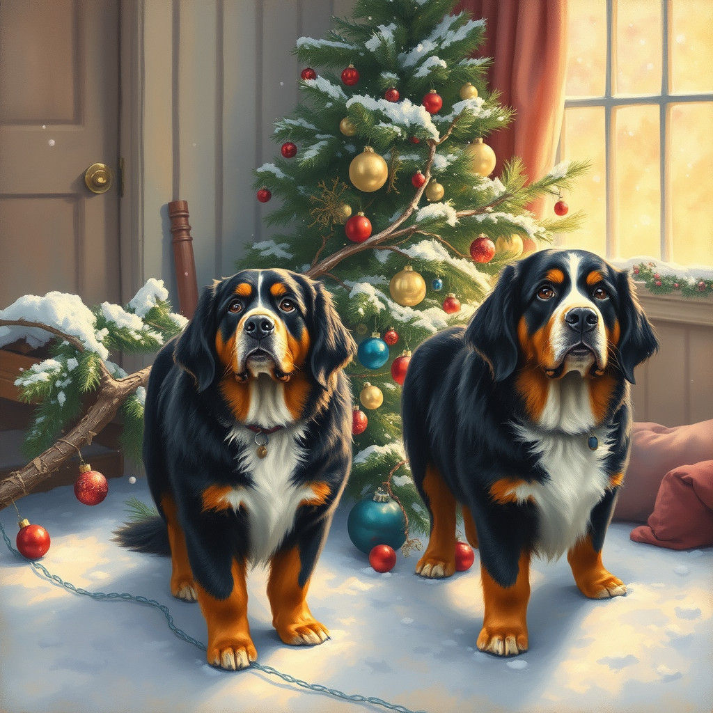 Bernese Dogs Beside Fallen Christmas Tree