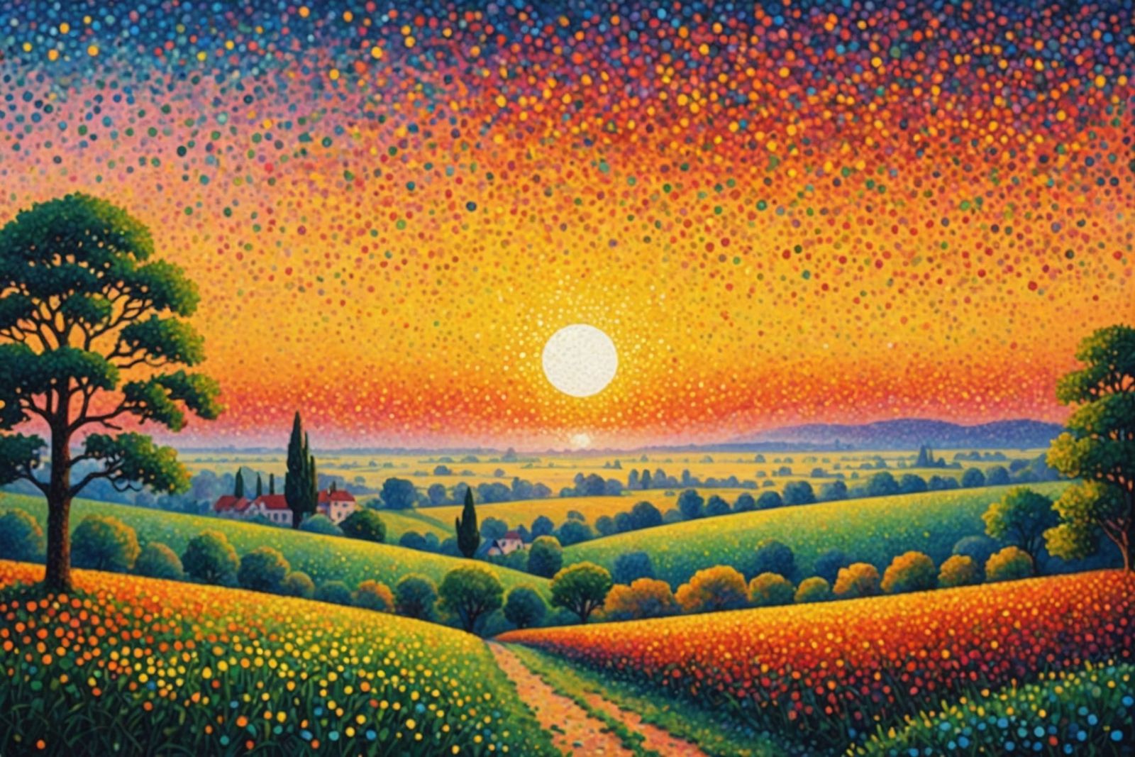 Pointillist Sunset Over Tranquil Countryside