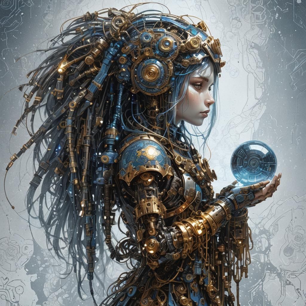 Gnome Robot Girl Portrait in Monochromatic Expressionism