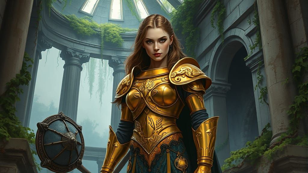Ethereal Paladin Emerges from Ruins in Dark Fantasy Art