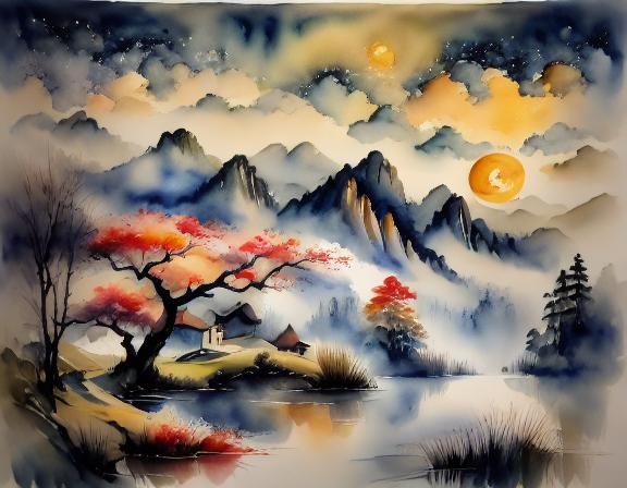 Impressionist Lake Dreamscape in Art Nouveau Style