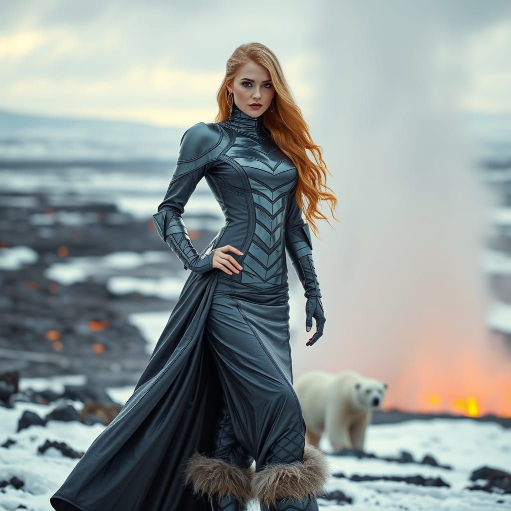 Hyperrealistic Woman in Metallic Latex Armor, Iceland Landsc...