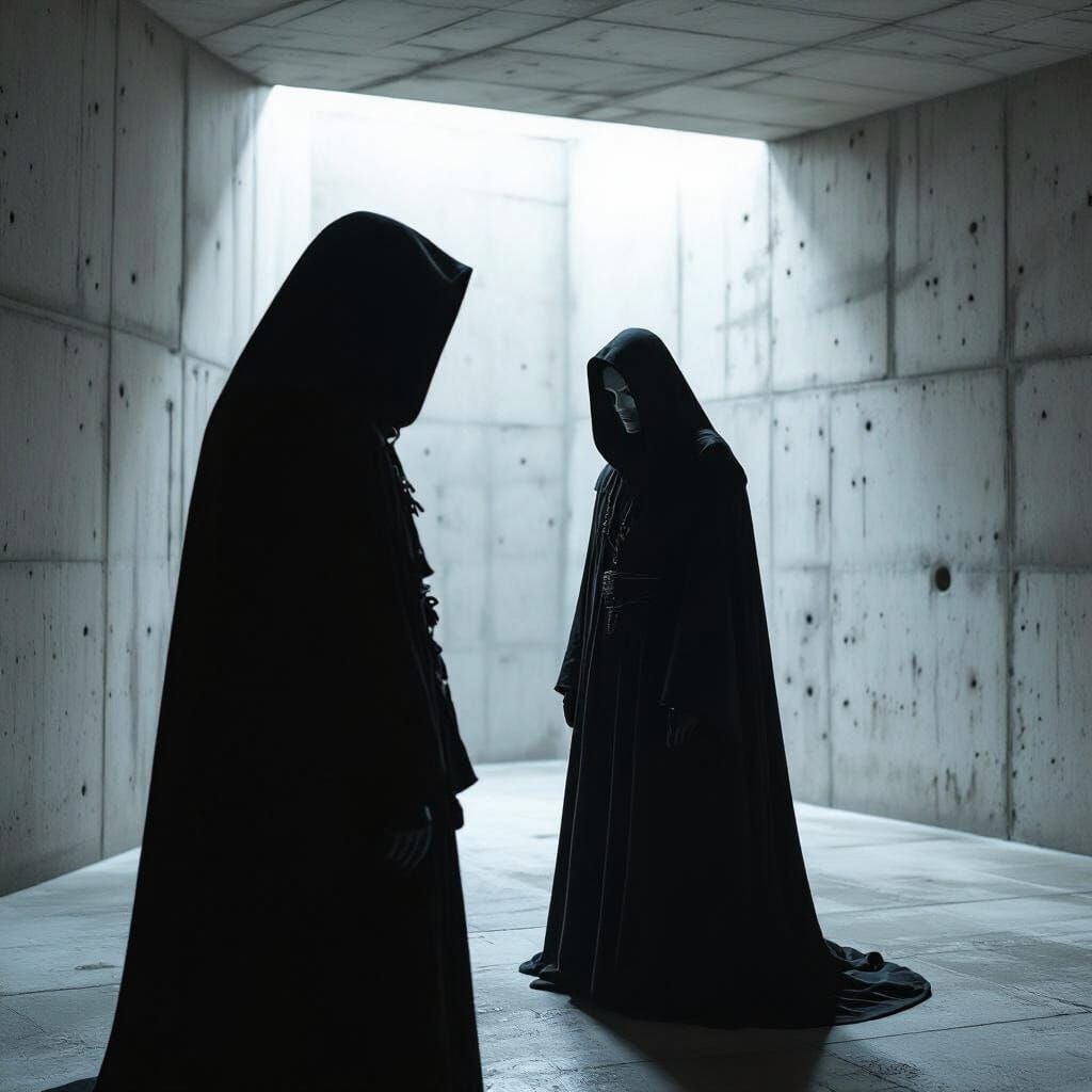Cultist in Dark Robe Stares Intensely: Brutalist Realism