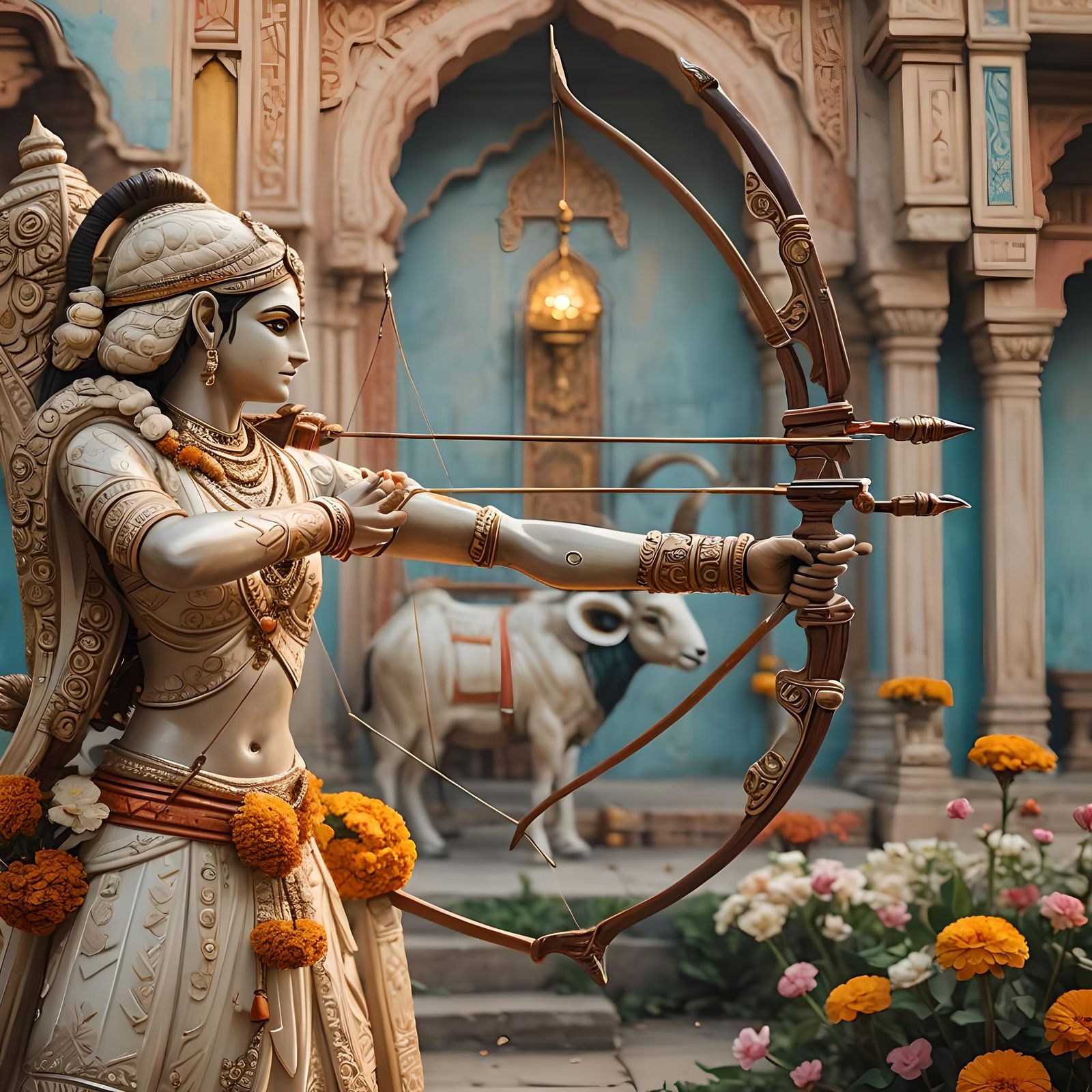 Elegant Bow and Arrow with Ram Mandir in Hand-Painted Style