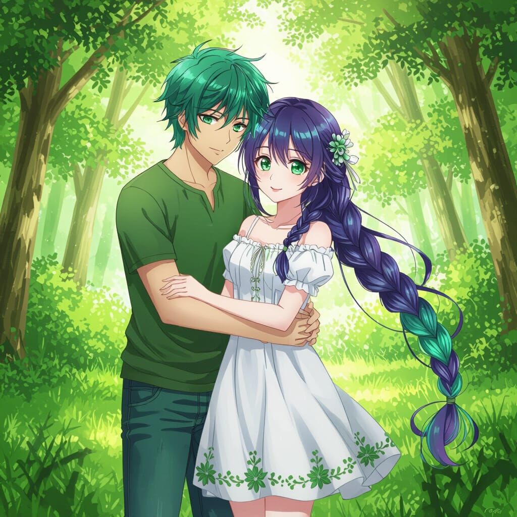 Anime Couple Embracing in Sunlit Green Clearing