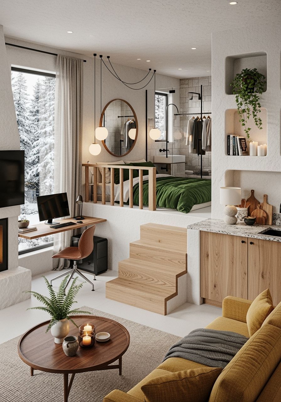 Serene White Stone Cave Retreat with Fireplace and Forest Vi...