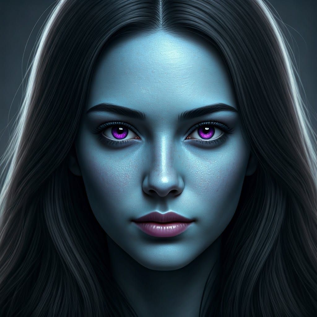 Hyperrealistic Portrait of a Young Woman with Porcelain Blue...