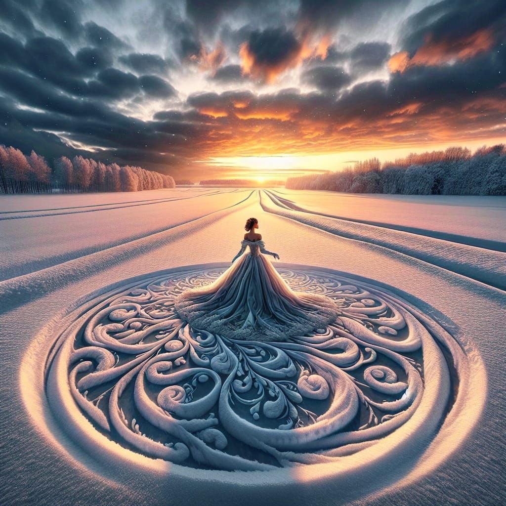 Sunset Snowfield Panorama with Swirling Dress Figure