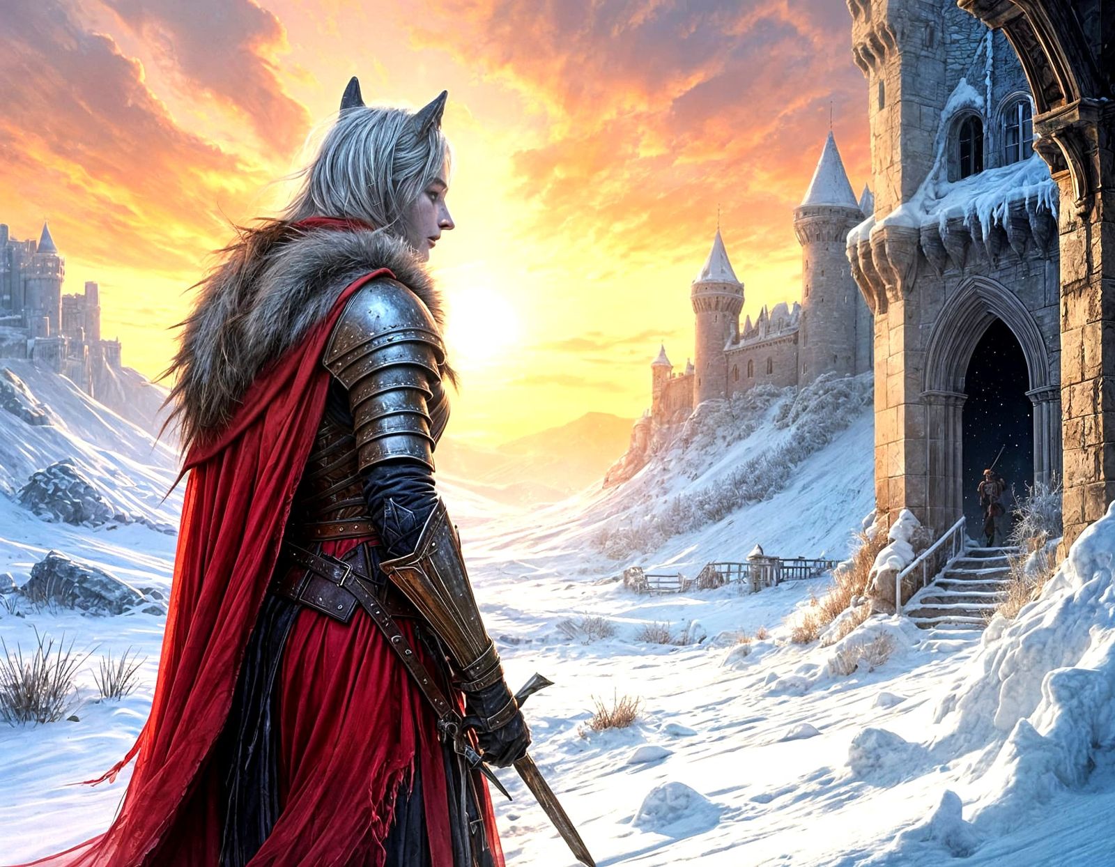 Armored Knight at Snowy Castle in Haenraets Style