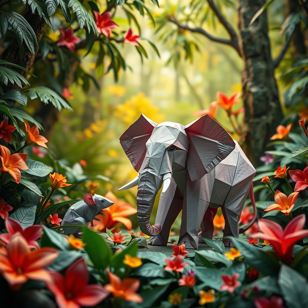 Origami Elephant and Mouse in Lush Jungle Scene