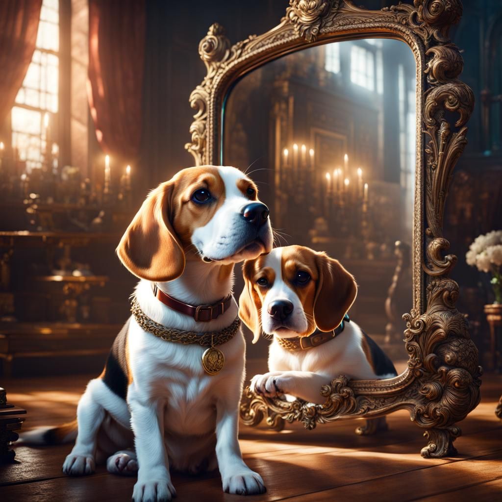 Beagle Dog's Mirror Play: Detailed Digital Painting