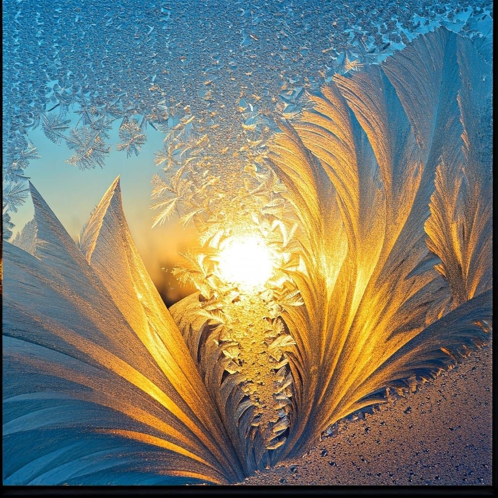 Sunrise Illuminates Frost Patterns in Art Nouveau Style