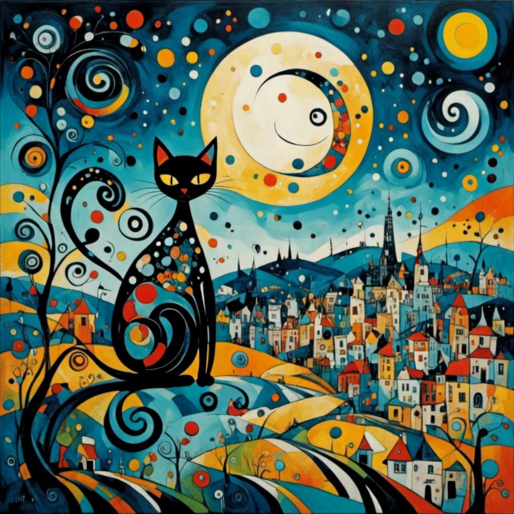 Whimsical Cat on Hill in Cubist Surrealist Style