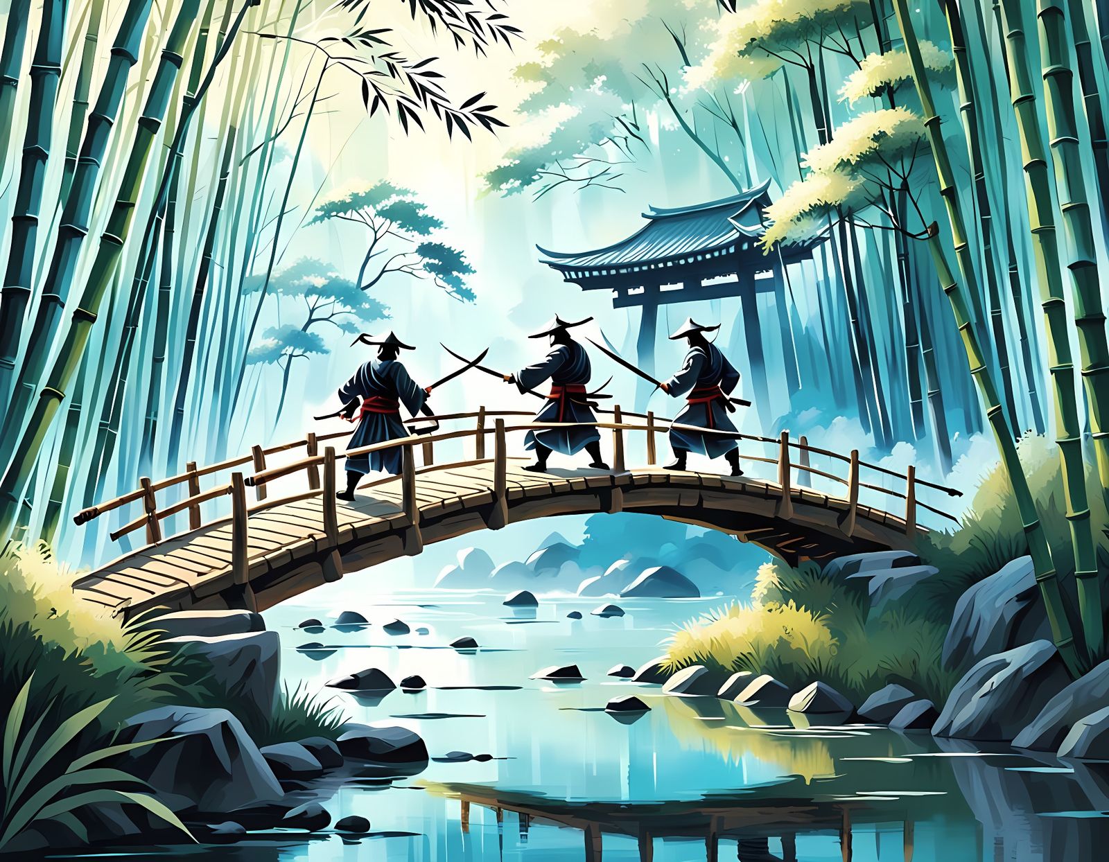 Samurai Battle in Feudal Japan Forest, Anime Key Visual