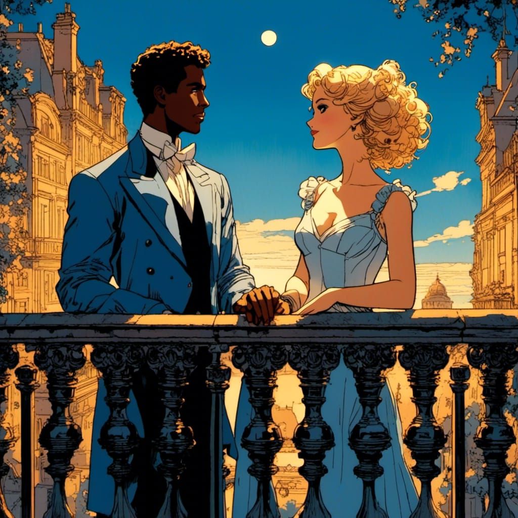 Elegant Comic Book Scene on Balcony at Twilight